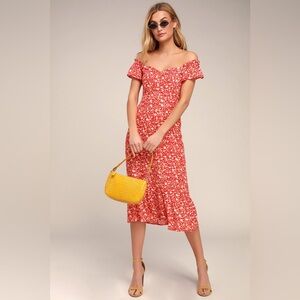 Lulus Mariana Red Floral Print Midi Dress